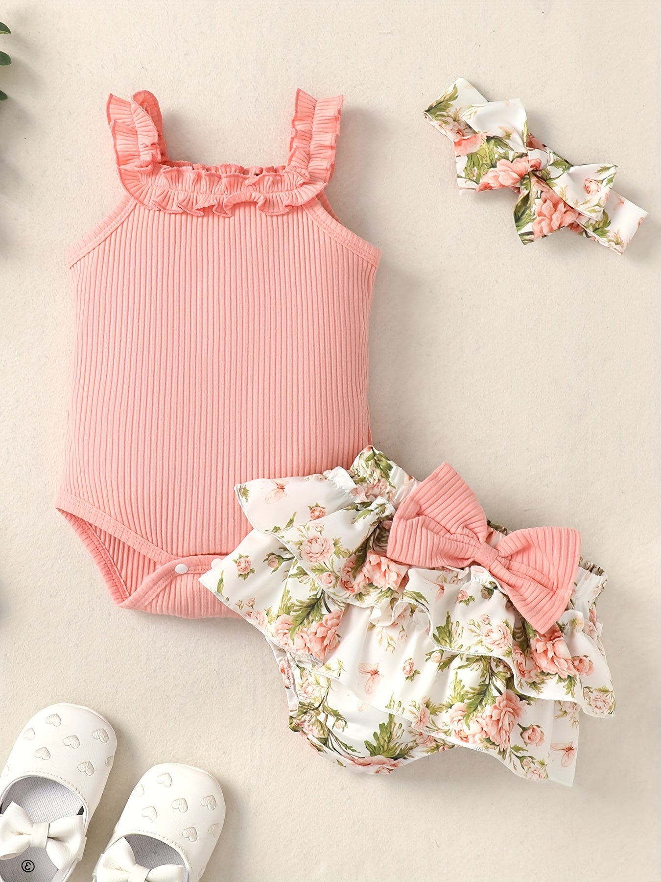 3pc Baby Girls Sleeveless Onesie & Floral Shorts Set