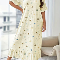 Star Print Lounge Dress with Ruffle Trim