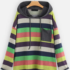 Block Striped Pocket Hoodie Long Sleeve Drawstring Hoodies Sweatshirt