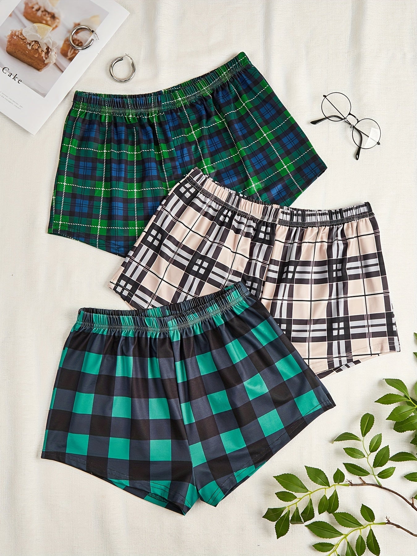 Casual Pajama Shorts Set Women's Plus Plaid Print 3pcs Set