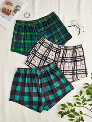 Casual Pajama Shorts Set Women's Plus Plaid Print 3pcs Set