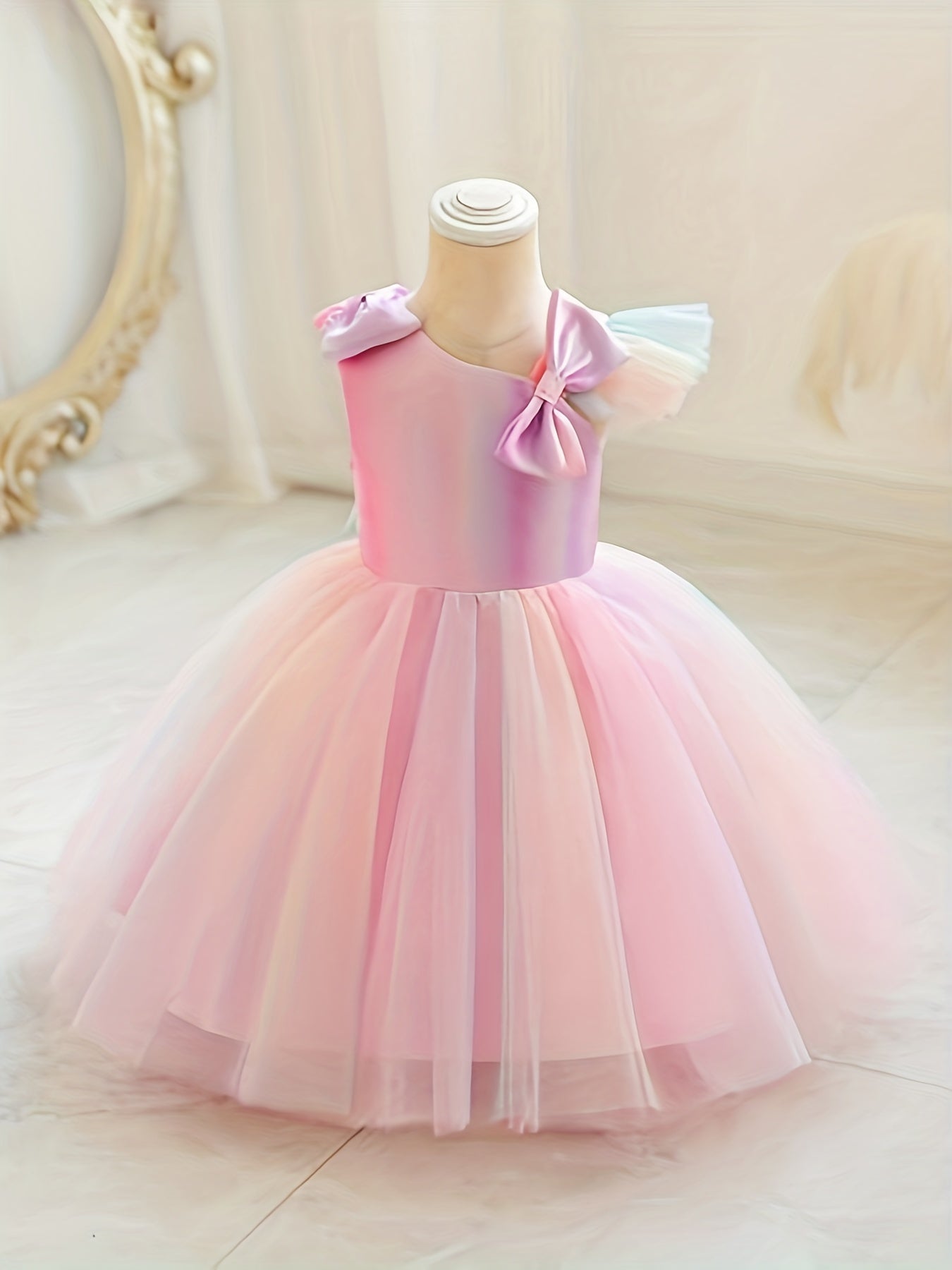 Girls Sleeveless Princess Dress with Bow Mesh Panelled Bodysuit