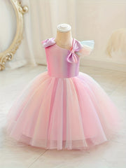Girls Sleeveless Princess Dress with Bow Mesh Panelled Bodysuit
