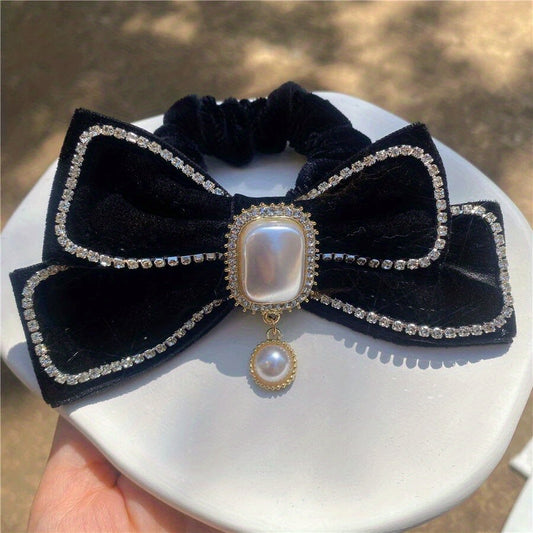 Velvet Bow Scrunchies with Rhinestone Brim Hair Tie
