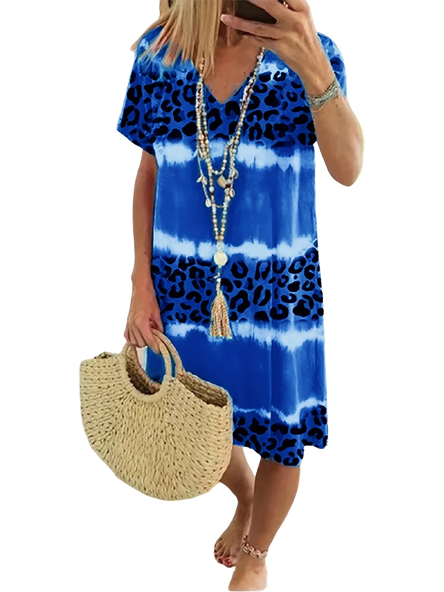 Leopard Print V Neck Dress Short Sleeve Beach Vacation Casual Dress