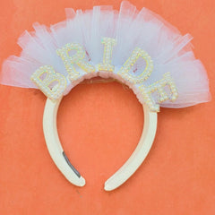 Bride Pearl Headband Tulle Bridal Hair Accessory with BRIDE Embellishment