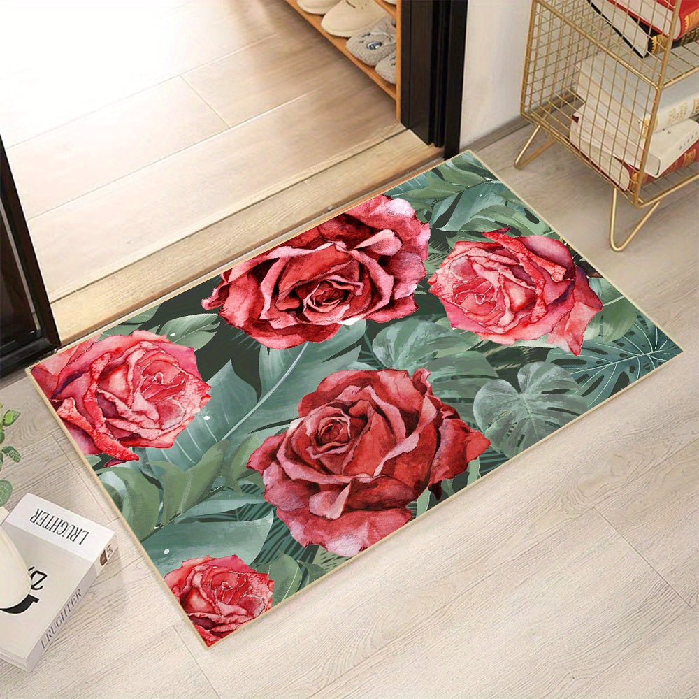 Red Rose Area Rug Faux Wool Floral Rugs Non Slip Washable Entryway Rug Carpet