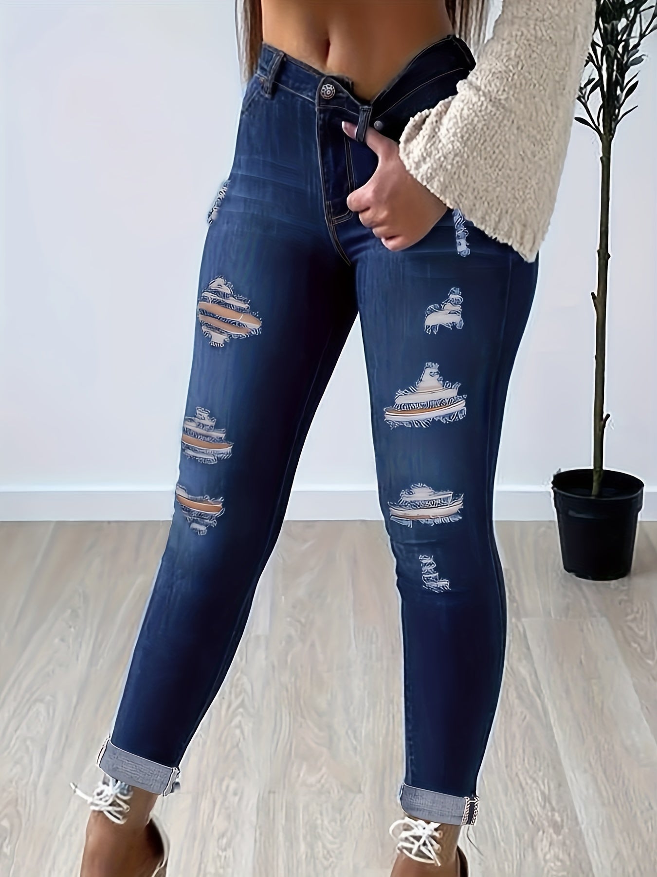 Mid Stretch Distressed Denim Pants Slim Fit