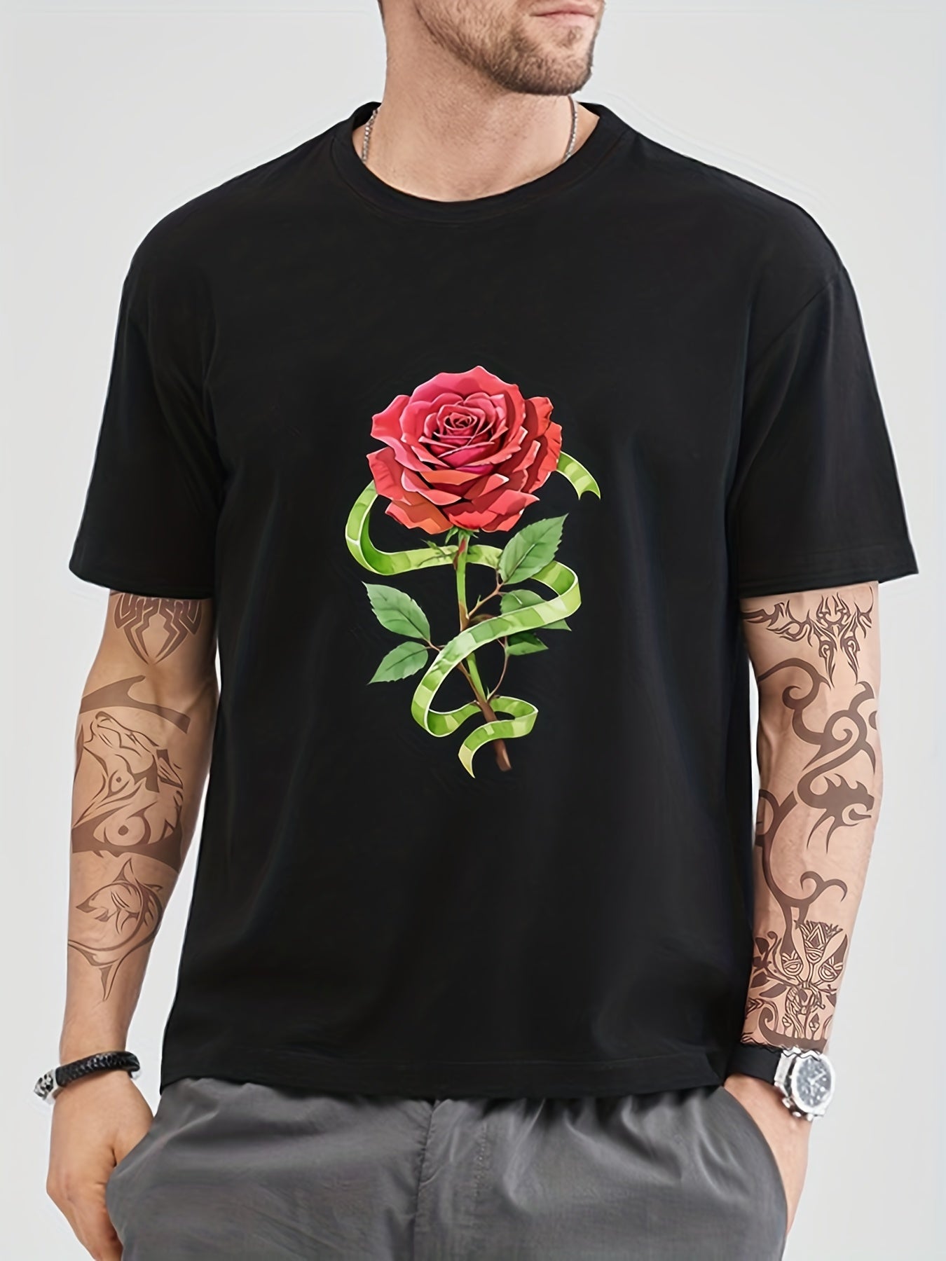 Cotton Rose Print Men's Graphic Crew Neck T shirt Casual Comfy Tees