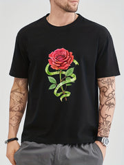 Cotton Rose Print Men's Graphic Crew Neck T shirt Casual Comfy Tees