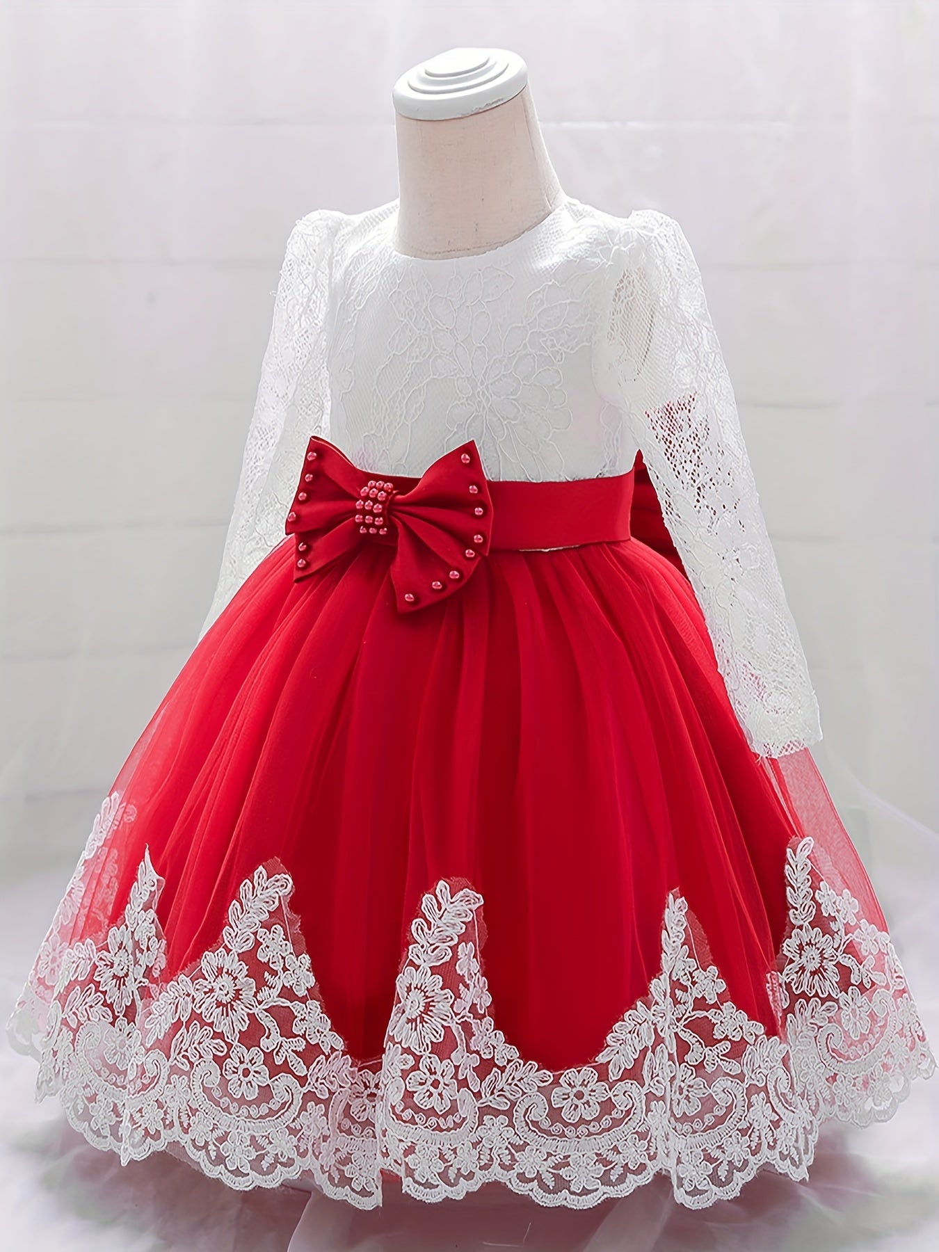 Baby Girls Floral Embroidery Long Sleeve Mesh Gown Princess Dress