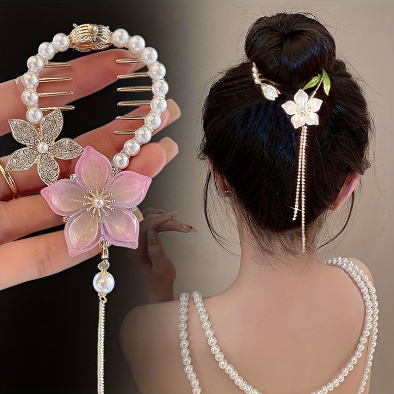 Girl's Flower Tassel Pearl Ponytail Buckle Hair Clip