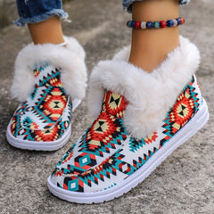 Women's Winter Flats Geometric Pattern Plush Thermal Canvas Shoes