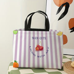 Purple Striped Cherries Lunch Bag Insulated Portable Cooler Bag