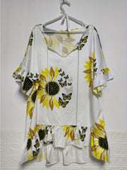 Plus Sunflower Print Ruffle Trim V Neck T shirt With Tassel Keyhole Tie