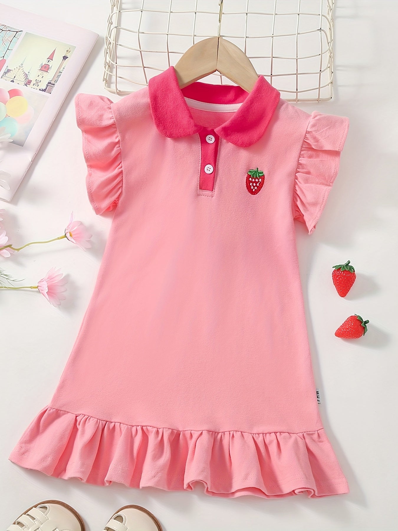 Girls Strawberry Embroidered Ruffle Trim Dress