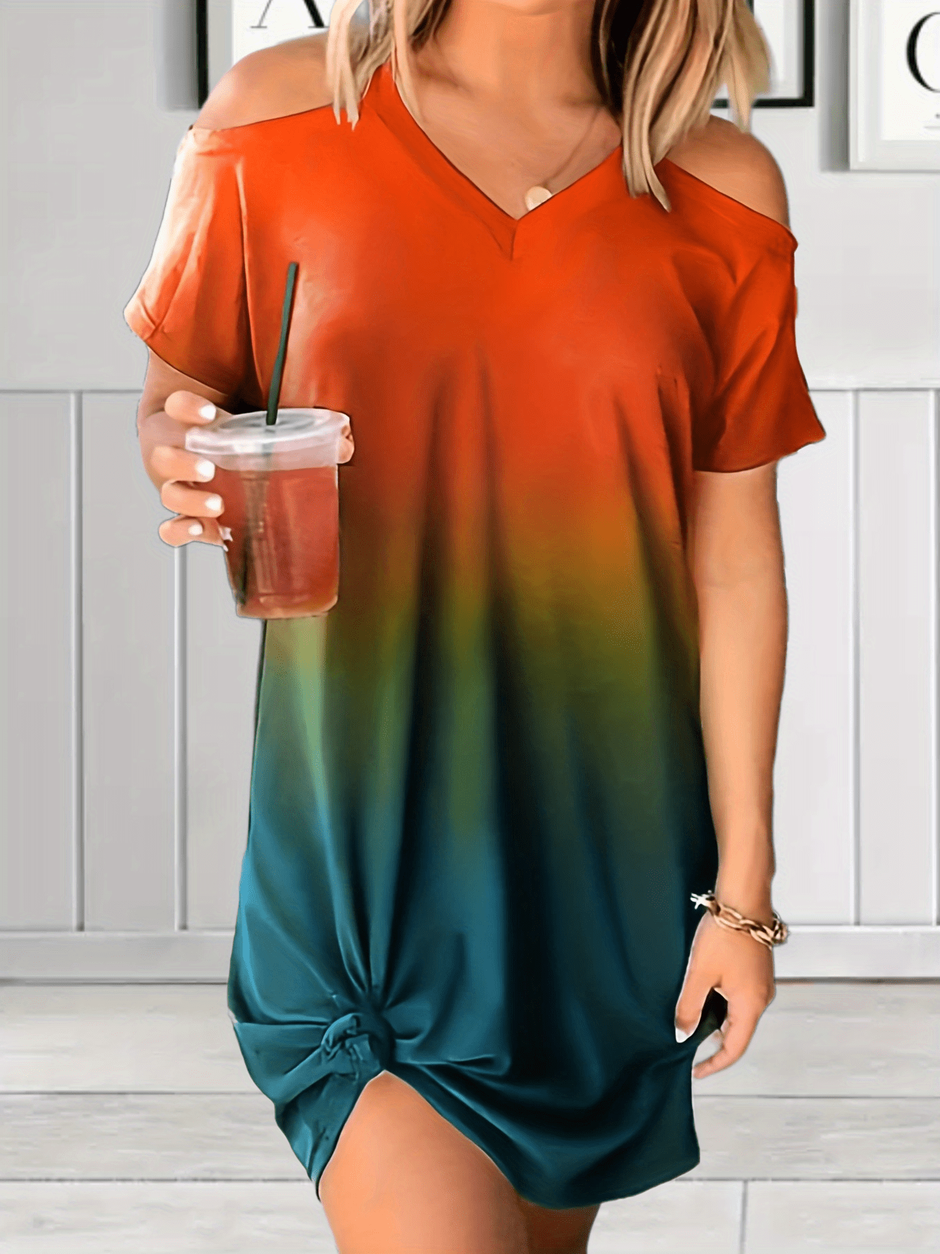 Colorblock Ombre Print Cold Shoulder V Neck Stretch Dress
