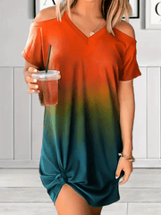 Colorblock Ombre Print Cold Shoulder V Neck Stretch Dress