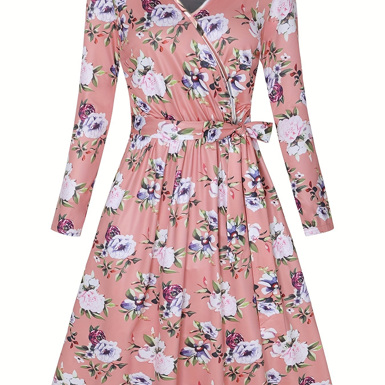 Women's Plus Floral Print Long Sleeve Surplice Neck Belted Dress