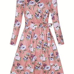 Women's Plus Floral Print Long Sleeve Surplice Neck Belted Dress