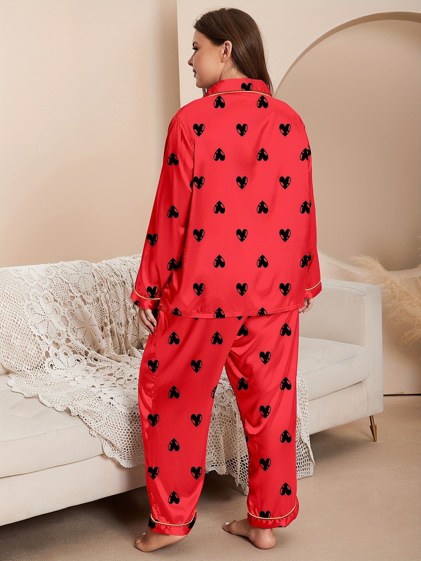 Halloween Party Pajamas Set Pumpkin Print Satin Shirt & Pants