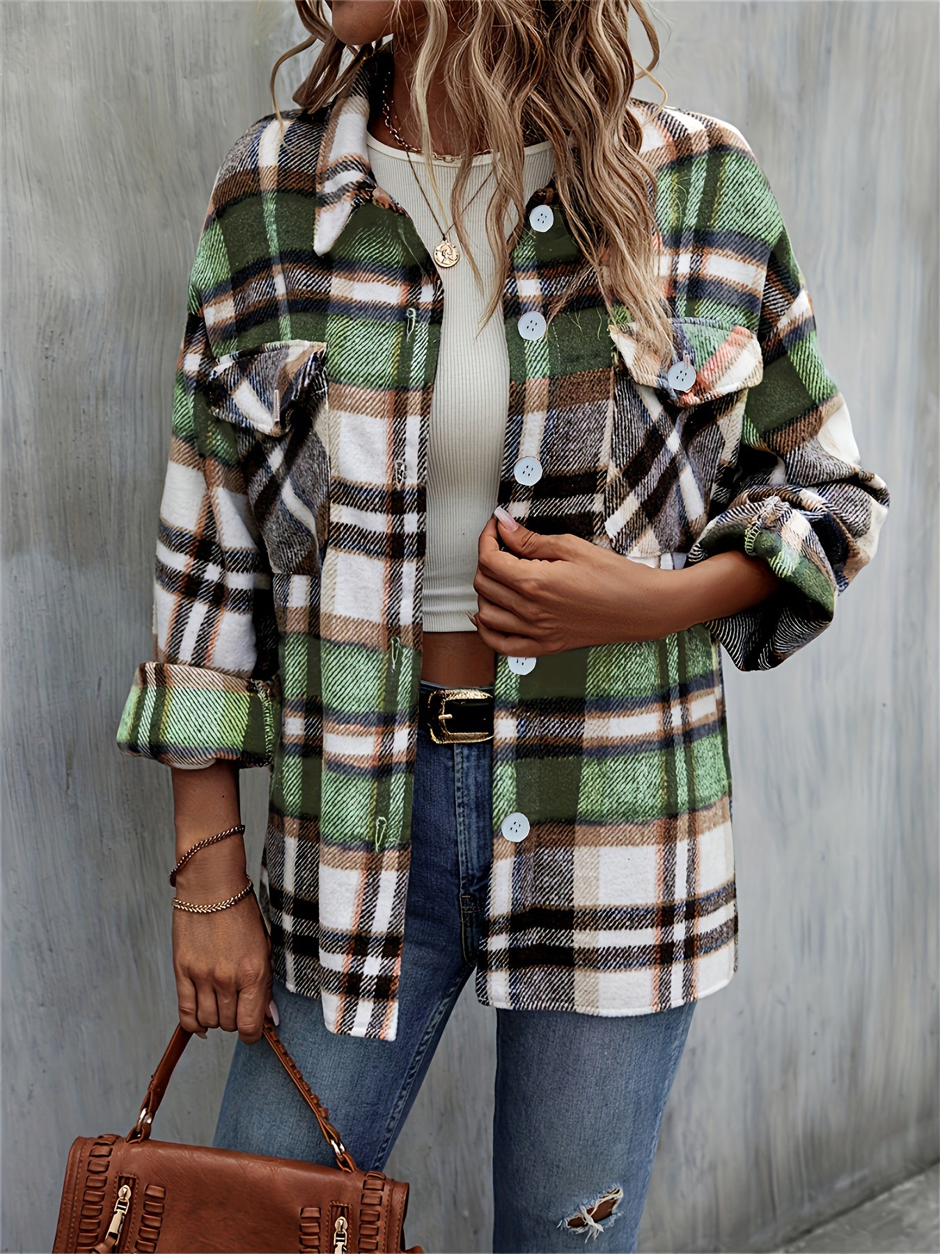 Button Plaid Drop Shoulder Jacket for Fall & Winter