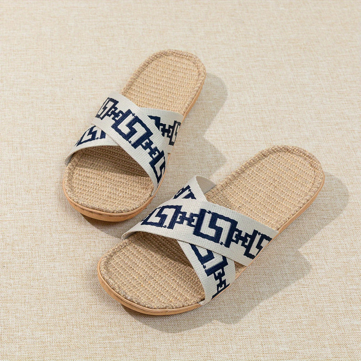 Geometric Pattern Linen Slides Crisscross Strap Open Toe Flat Shoes