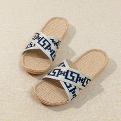 Geometric Pattern Linen Slides Crisscross Strap Open Toe Flat Shoes
