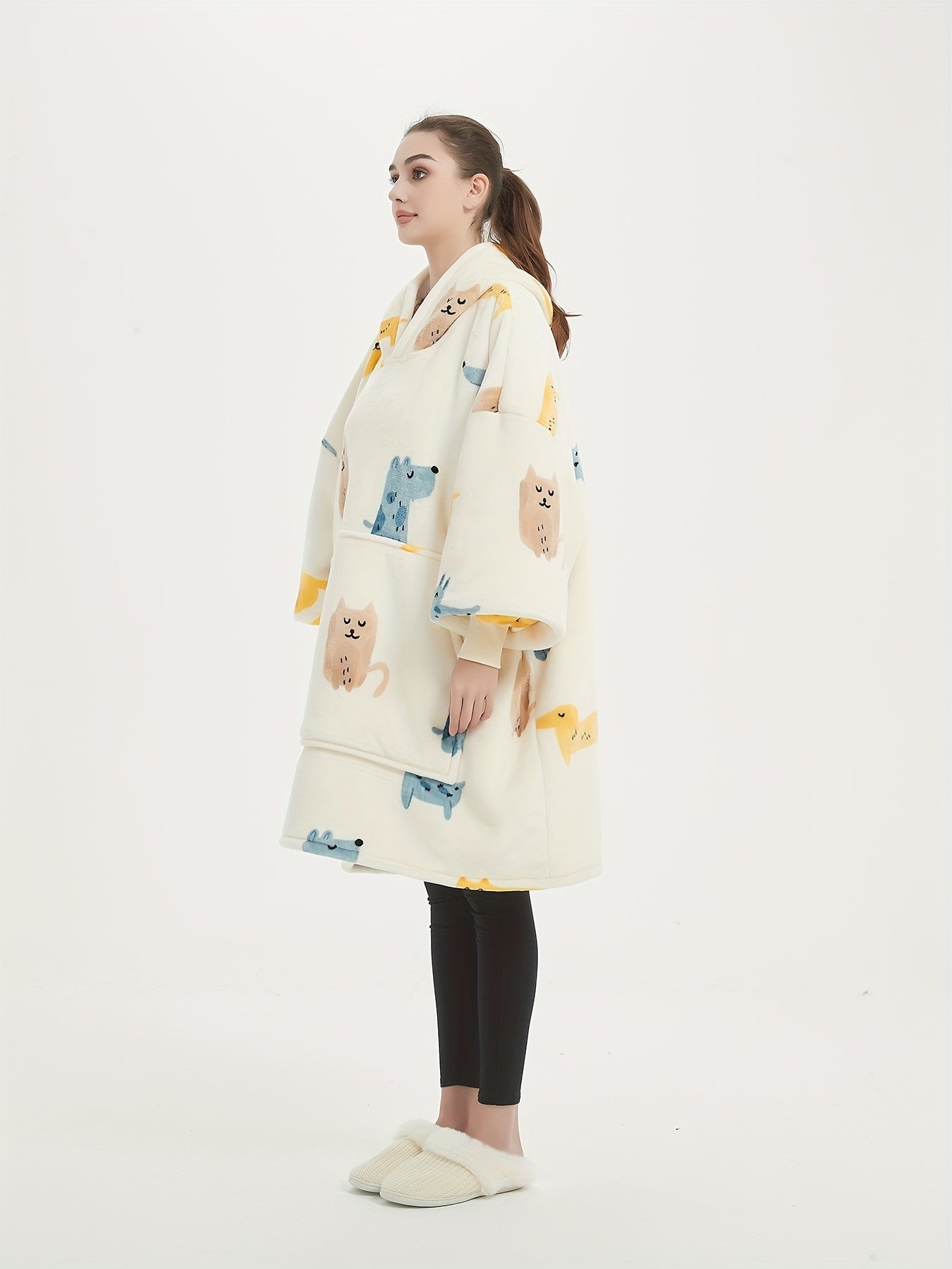 Flannel Sherpa Blanket Hooded Robe Plus Size Women's Animal Print Nightgown