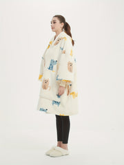 Flannel Sherpa Blanket Hooded Robe Plus Size Women's Animal Print Nightgown
