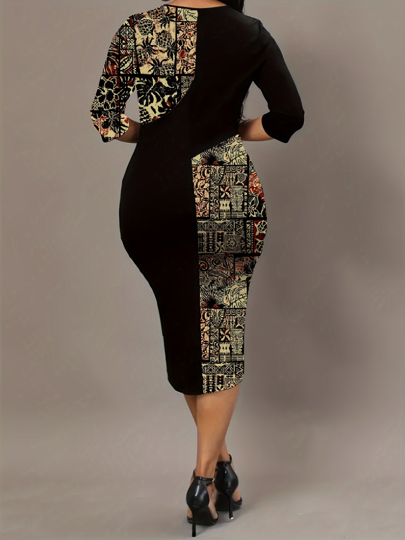 Colorblock Print Half Sleeve Round Neck Keyhole Dress