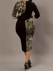 Colorblock Print Half Sleeve Round Neck Keyhole Dress