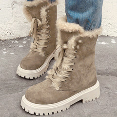 Women's Chunky Heel Plush Boots Lace Up Outdoor Boots