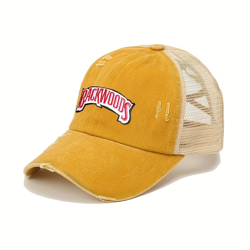 Ponytail Washed Embroidery Baseball Cap Distressed Mesh Trucker Hat