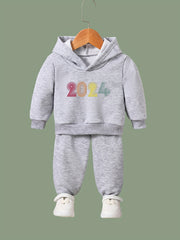 Girls Alphabets Pattern Hooded Sweatshirt Solid Sweatpants Set Kids Clothes