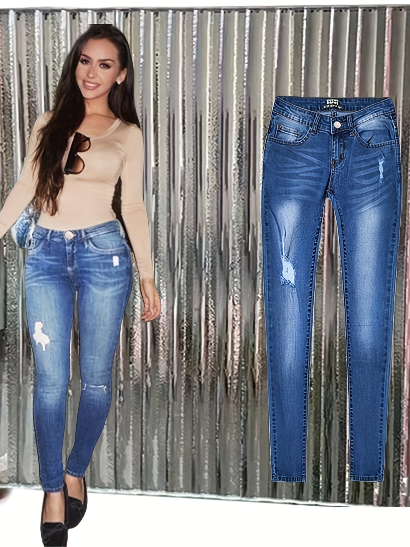 Ripped Whiskering Skinny Jeans Washed Medium Stretch Denim Pants