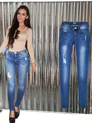 Ripped Whiskering Skinny Jeans Washed Medium Stretch Denim Pants