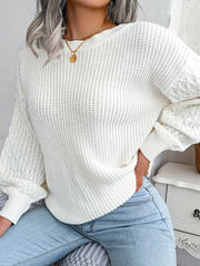 Casual Sweater Women's Solid Cable Lantern Sleeve Round Neck Jumper