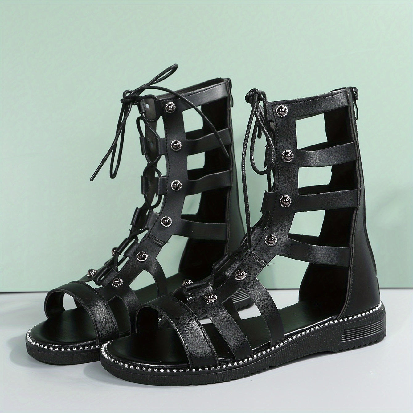 Women's Back Zipper Flat Sandals Comfortable Round Open Toe Lace Up Shoes