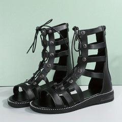 Women's Back Zipper Flat Sandals Comfortable Round Open Toe Lace Up Shoes