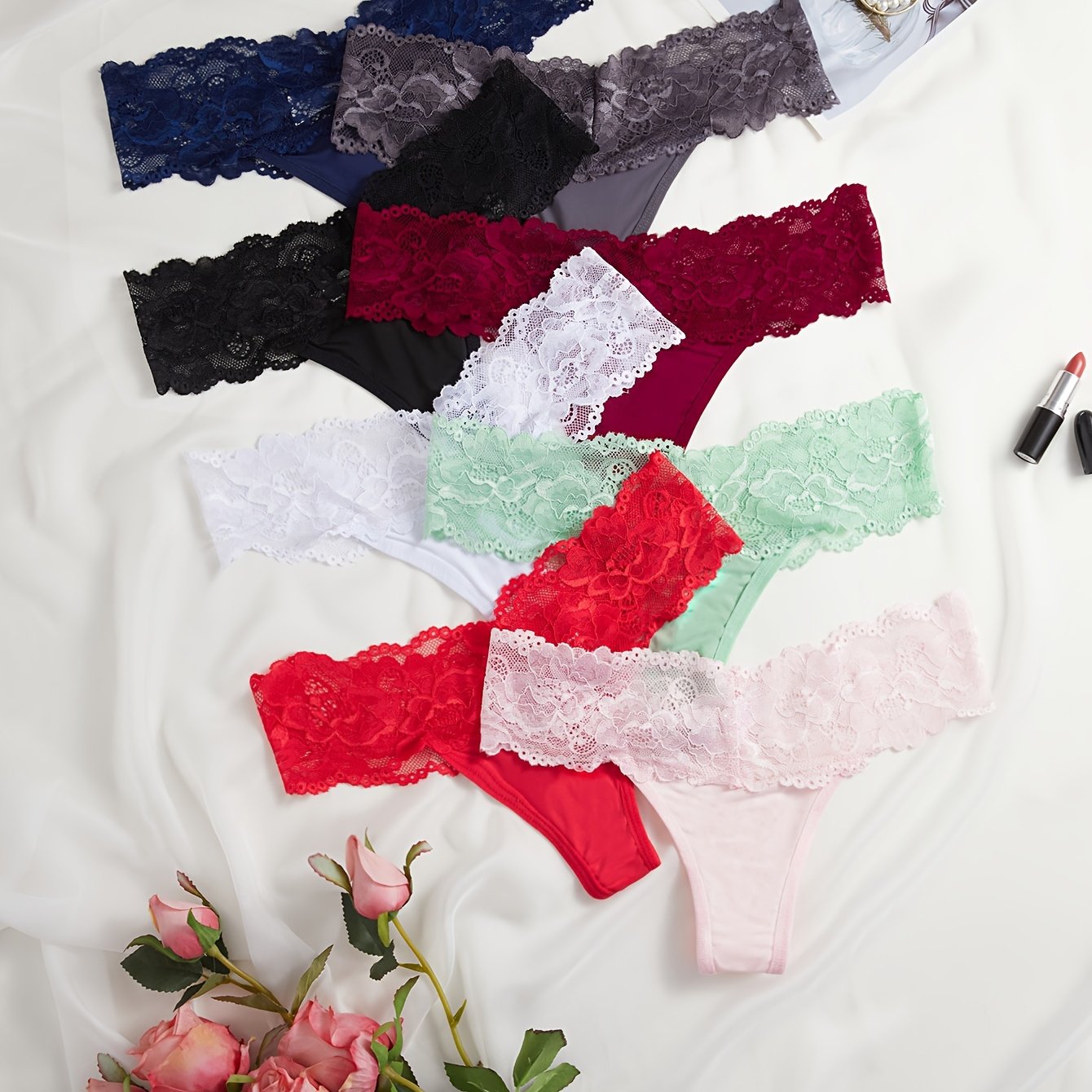 8pcs Lace Stitching Thongs Soft Comfy Stretchy Intimates Panties