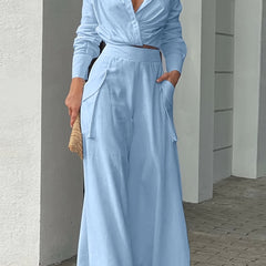 Women's Solid Two piece Set High Waist Pants & Long Sleeve Top