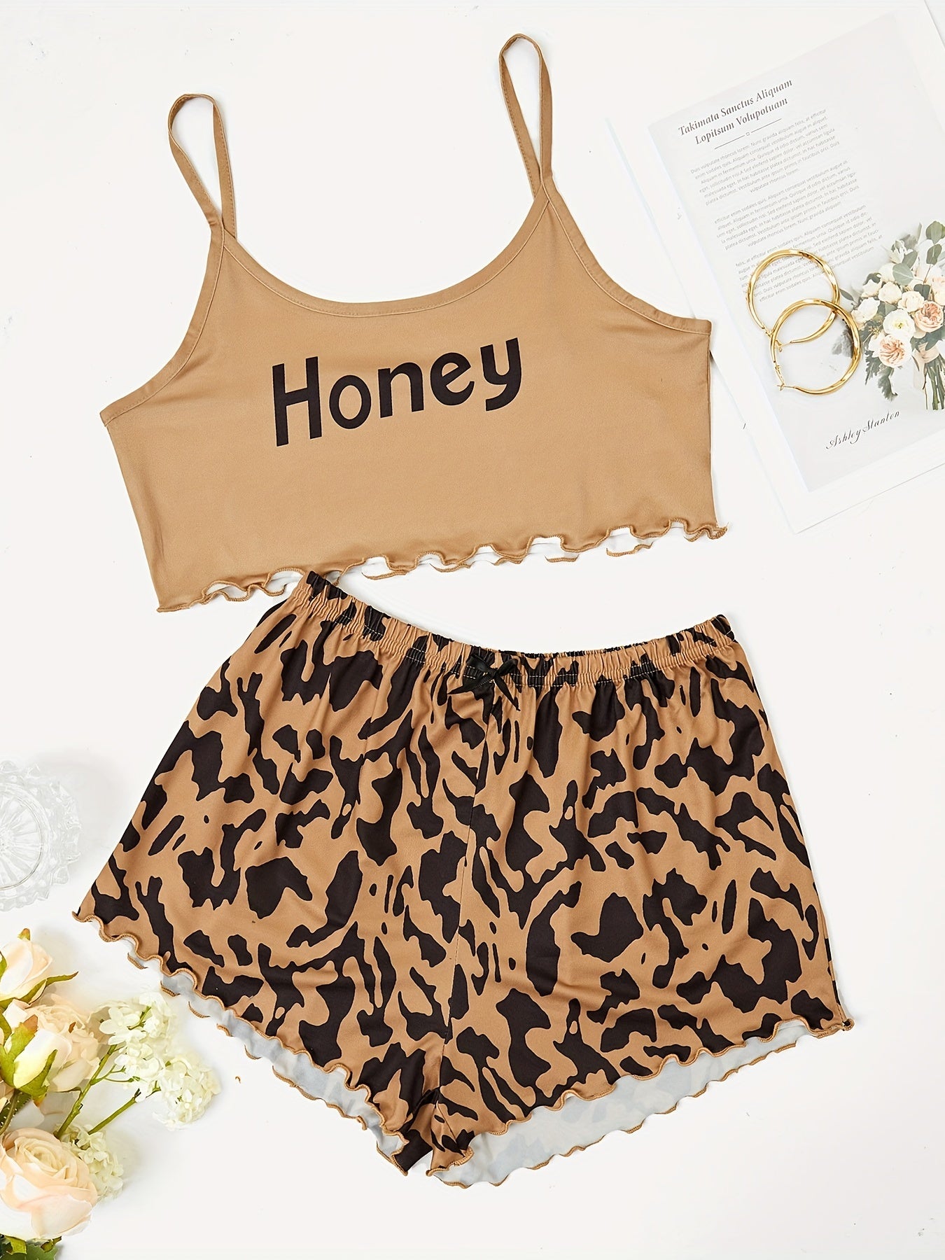 Women's Letter Print Cami & Leopard Shorts Pajama Set