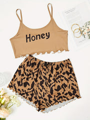 Women's Letter Print Cami & Leopard Shorts Pajama Set