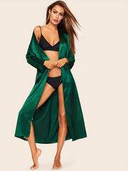 Lace Satin Night Robe Long Sleeve V Neck Belted Women's Sleepwear