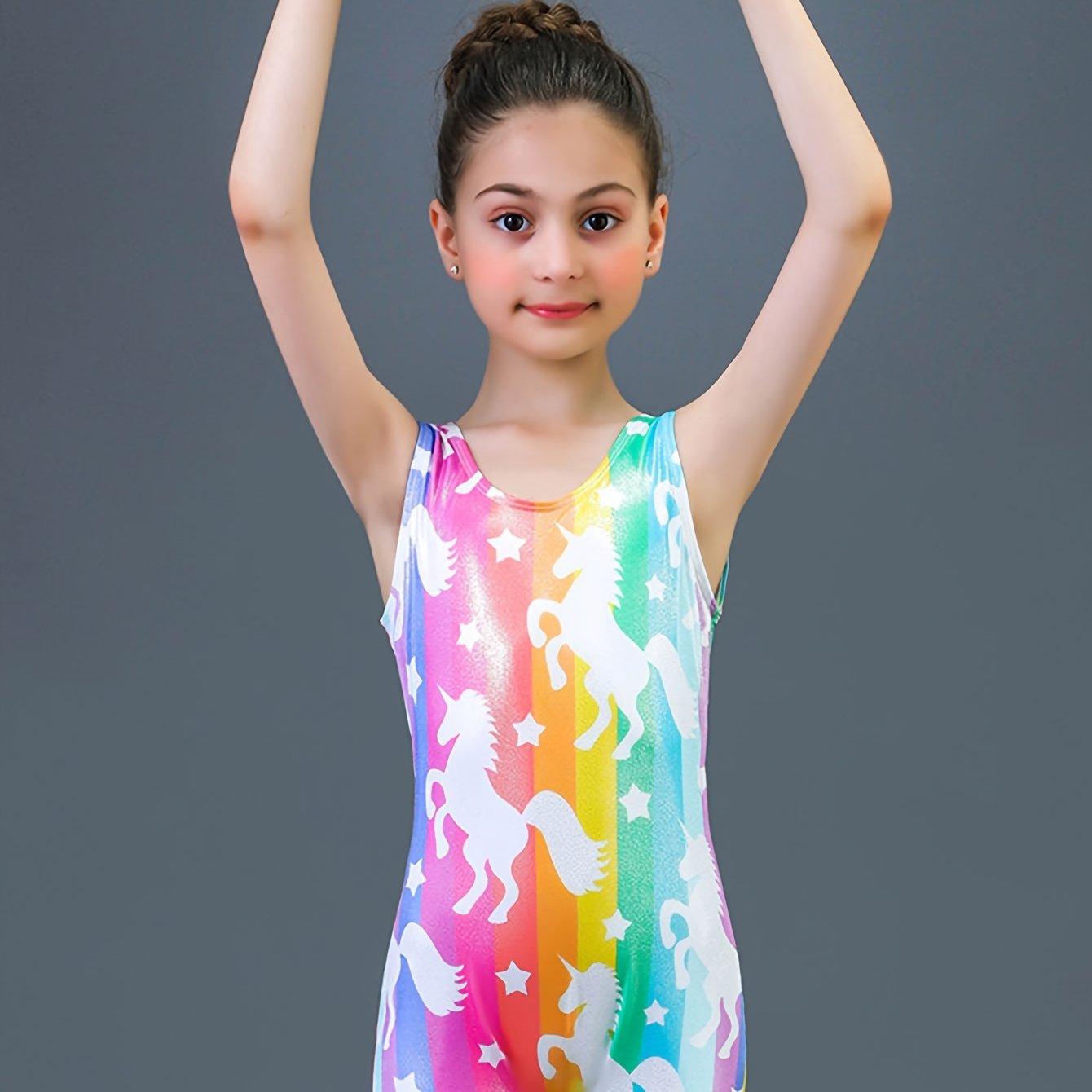 Girls Rainbow Unicorn Print Sleeveless Ballet Leotard Romper