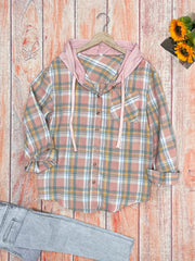 Plaid Print Hooded Jacket Button Front Outerwear Spring & Fall