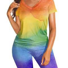 V Neck Short Sleeve Tee & Workout Slim Shorts Set Women's Clothing