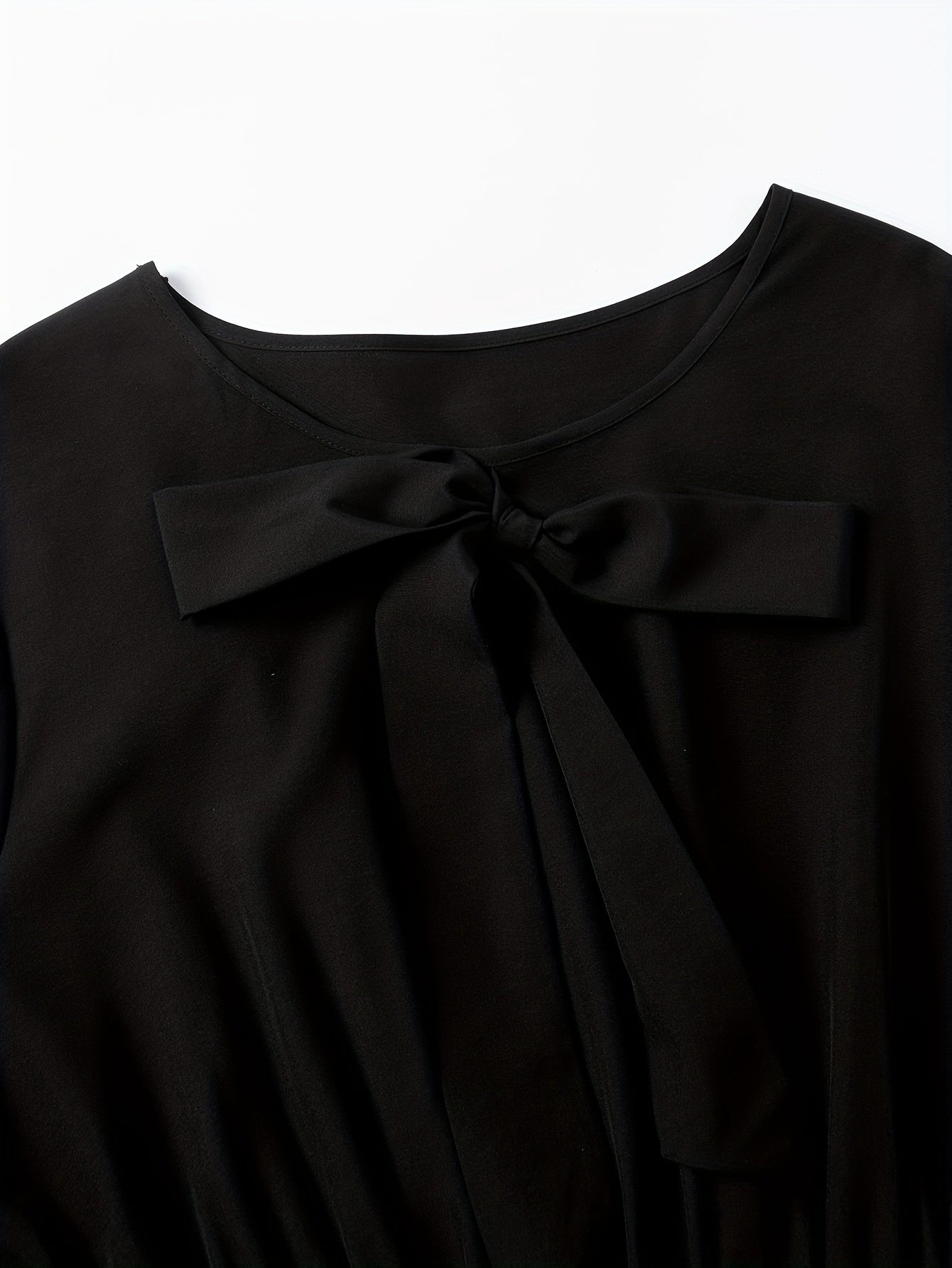 Solid Bow Knot Front Lantern Sleeve Round Neck Smock Maxi Dress