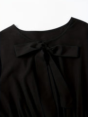 Solid Bow Knot Front Lantern Sleeve Round Neck Smock Maxi Dress